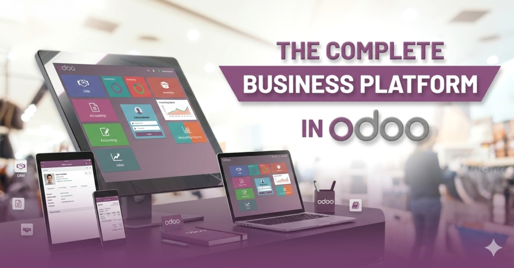 Overview of the Odoo business platform, illustrating its integrated tools and features for streamlined business operations